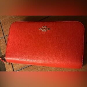 Coach Red Pebbled Leather Zip Wallet with Gold Logo